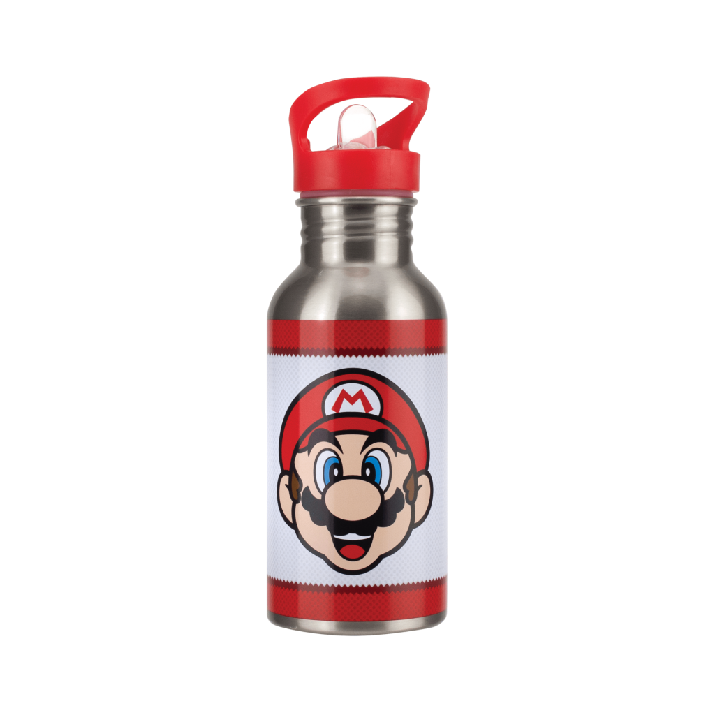 SUPER MARIO – Mario – Metall-Wasserflasche mit Strohhalm, 480 ml